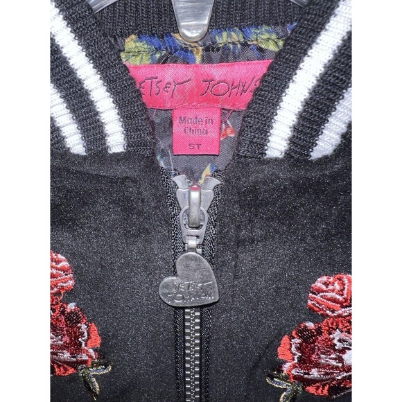 Betsey Johnson Jacket Girls Sz 5T Embroidered Velour Bomber Floral Black Velvet - Picture 3 of 8
